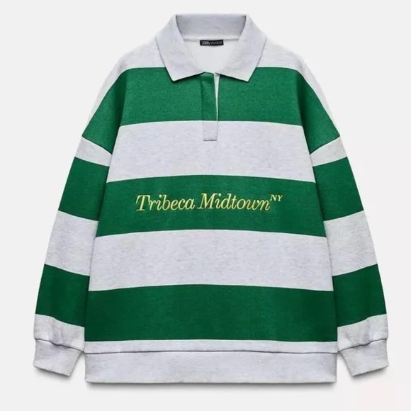 ZARA Tribeca Midtown NY Rugby Polo Sweatshirt Green Gray Striped Oversized - Picture 2 of 15